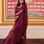 Hand-Embroidered Mirrorwork Cotton Saree – Mulmul Fabric with Blouse Piece