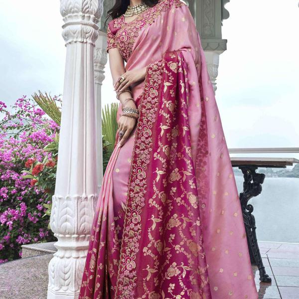 Pink Viscose Silk Embroidered Designer Wedding Saree with Unstitched Blouse – Luxury Bridal & Festive Wear