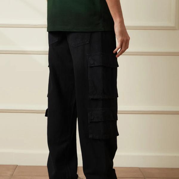 UrbanTraders Black Casual Loose Fit Pure Cotton Denim Cargo Pants – Utility Style Mid-Rise Clean Look