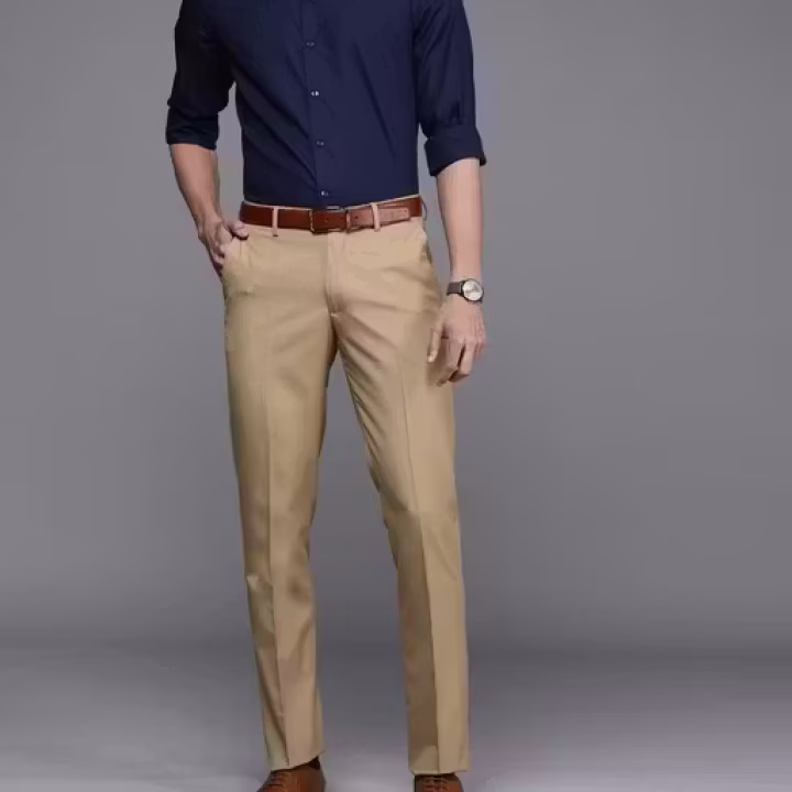 Men’s Solid Beige Slim Fit Polyester Trousers | Formal & Office Wear Pants for Men
