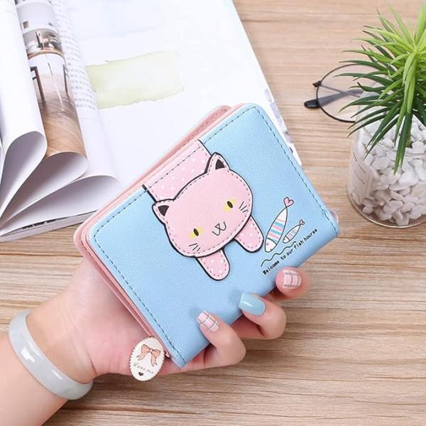 Women’s Mini PU Leather Wallet – Stylish Small Wallet with Zipper Coin Pocket & Rabbit Tassel Pendant (Blue)