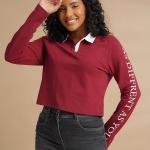 Women’s Red Printed Full Sleeve Polo T-Shirt – Stylish Casual Cotton Polo