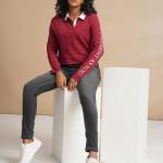 Women’s Red Printed Full Sleeve Polo T-Shirt – Stylish Casual Cotton Polo