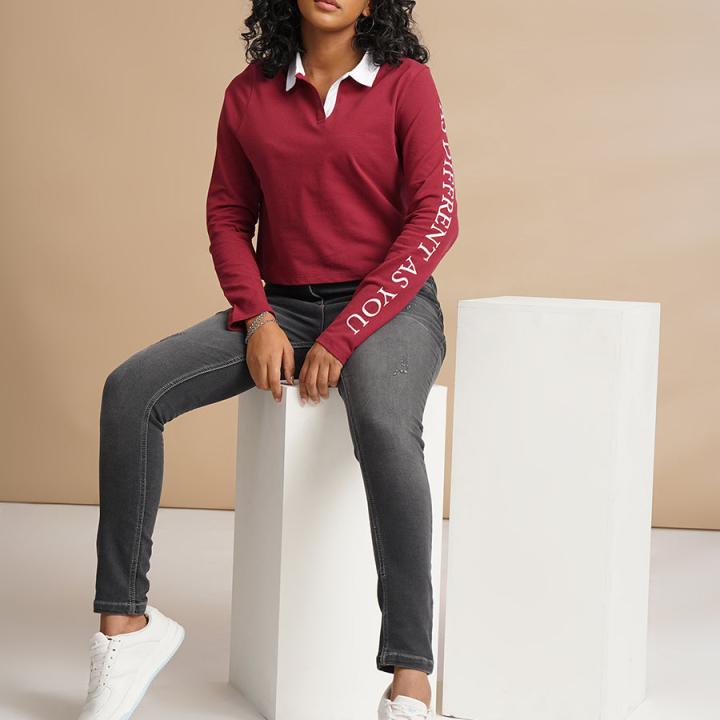 Women’s Red Printed Full Sleeve Polo T-Shirt – Stylish Casual Cotton Polo