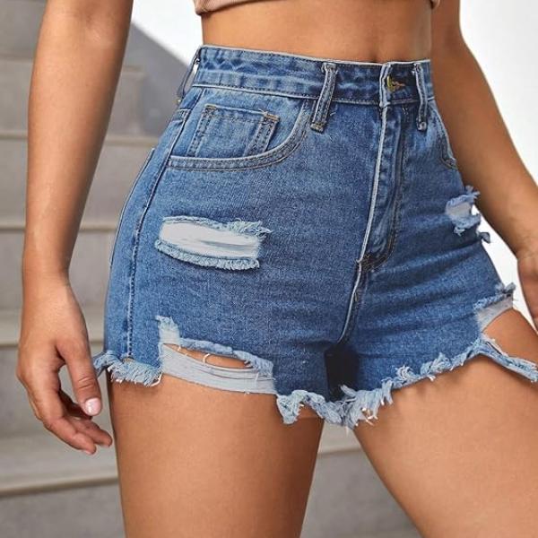 Women’s Solid High-Waist Ripped Denim Shorts – Raw Hem, Summer Casual Wear