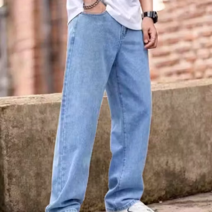 Sky Blue Straight Fit Jeans for Men | Loose Baggy Denim | Mid Rise Casual Wear