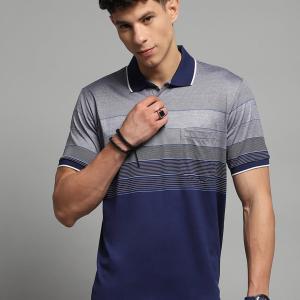 UrbanTraders Men’s Navy Blue Striped Collar T-Shirt – Half Sleeve Regular Fit Mercerized Cotton
