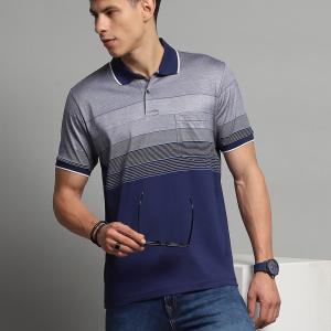 UrbanTraders Men’s Navy Blue Striped Collar T-Shirt – Half Sleeve Regular Fit Mercerized Cotton