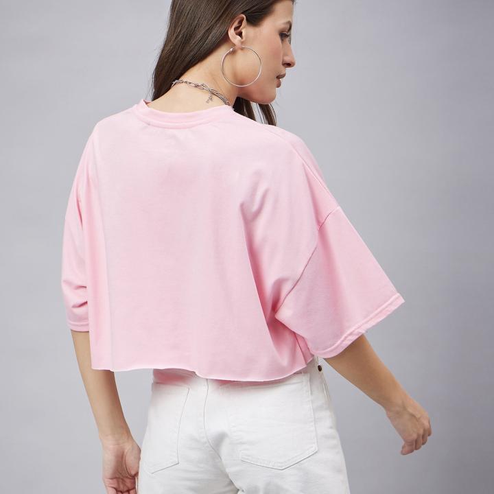 Women’s Light Pink Typographic Oversized Crop T-Shirt – Cotton Casual Streetwear
