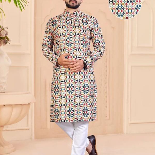 Men’s Multicolor Cotton Embroidered Kurta Pajama Set – Premium Crochet Sequins & Digital Print | Regular Fit