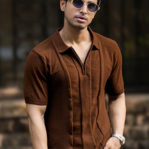 UrbanTraders Men’s Brown Slim Fit Textured Half Sleeve Polo T-Shirt with Half Zip