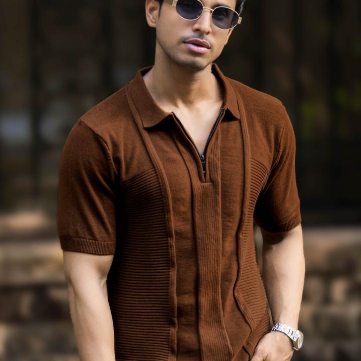 UrbanTraders Men’s Brown Slim Fit Textured Half Sleeve Polo T-Shirt with Half Zip