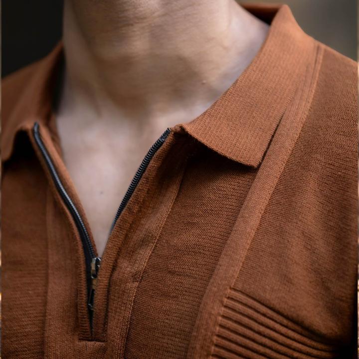 UrbanTraders Men’s Brown Slim Fit Textured Half Sleeve Polo T-Shirt with Half Zip
