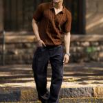 UrbanTraders Men’s Brown Slim Fit Textured Half Sleeve Polo T-Shirt with Half Zip