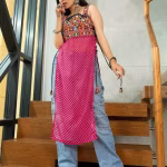 Women’s Embroidered Square-Neck Straight Kurti – Banglory Silk & Georgette Party Wear