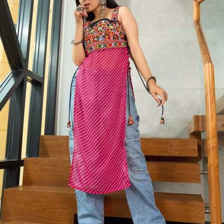 Women’s Embroidered Square-Neck Straight Kurti – Banglory Silk & Georgette Party Wear