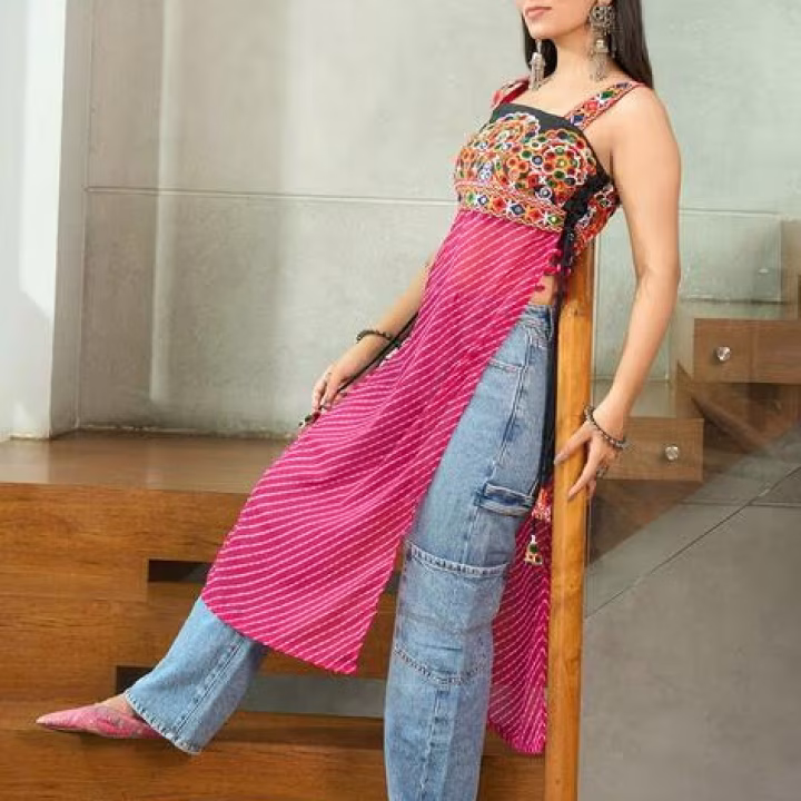 Women’s Embroidered Square-Neck Straight Kurti – Banglory Silk & Georgette Party Wear