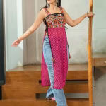 Women’s Embroidered Square-Neck Straight Kurti – Banglory Silk & Georgette Party Wear