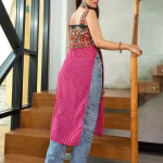 Women’s Embroidered Square-Neck Straight Kurti – Banglory Silk & Georgette Party Wear