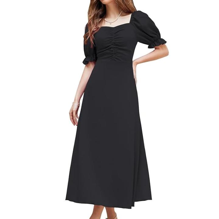 Women’s Solid A-Line Ruched Puff Sleeve Maxi Dress – Elegant Long Evening One-Piece
