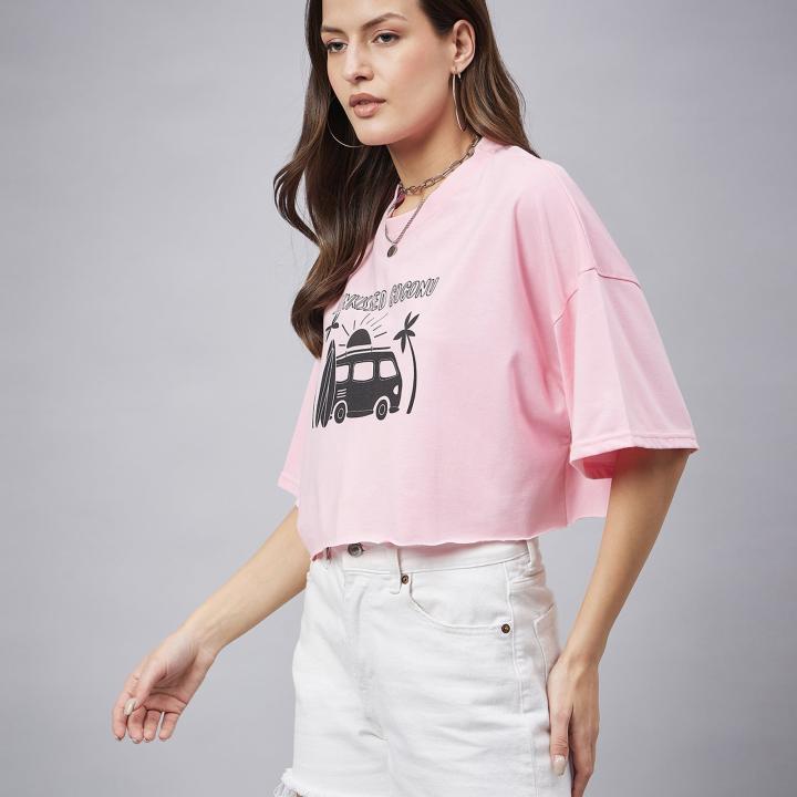 Women’s Light Pink Typographic Oversized Crop T-Shirt – Cotton Casual Streetwear