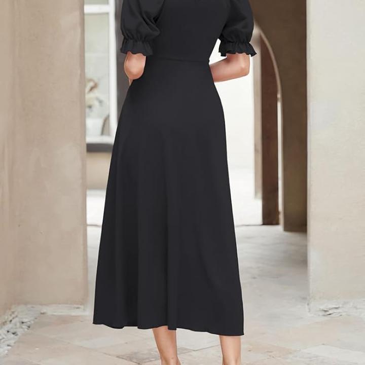 Women’s Solid A-Line Ruched Puff Sleeve Maxi Dress – Elegant Long Evening One-Piece