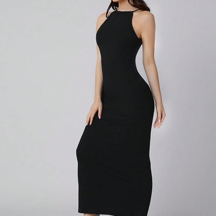 Women’s Solid Halter Neck Bodycon Midi Dress – Stylish Ribbed Fitted Dress