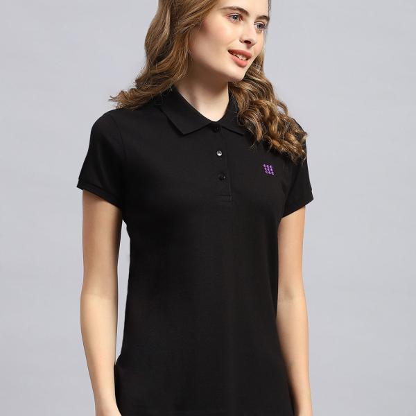 Women’s Black Solid Polo Collar Half Sleeve Smart Fit T-Shirt