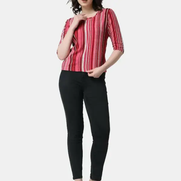UrbanTraders Casual Women’s Pink Striped Printed Top | 3/4th Sleeves | Stylish Round Neck Top | Latest Trendy Tops for Women