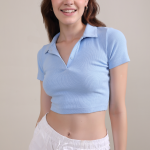 Women’s Powder Blue Crop Polo T-Shirt – Fitted Cotton Stretch Casual Tee