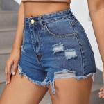 Women’s Solid High-Waist Ripped Denim Shorts – Raw Hem, Summer Casual Wear