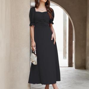 Women’s Solid A-Line Ruched Puff Sleeve Maxi Dress – Elegant Long Evening One-Piece