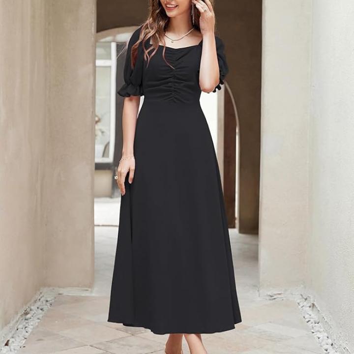Women’s Solid A-Line Ruched Puff Sleeve Maxi Dress – Elegant Long Evening One-Piece