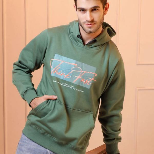 Olive Green Printed Cotton Fleece Hoodie for Men – Winter Wear Regular Fit