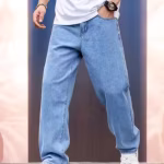 Sky Blue Straight Fit Jeans for Men | Loose Baggy Denim | Mid Rise Casual Wear