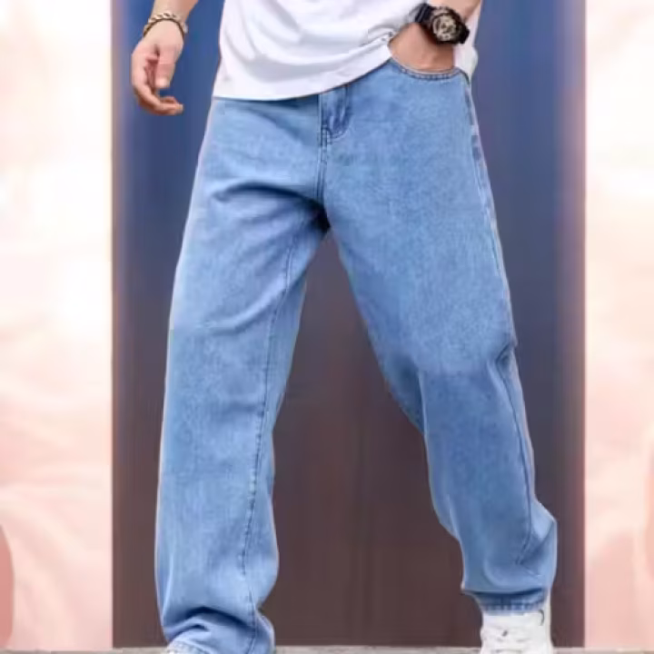 Sky Blue Straight Fit Jeans for Men | Loose Baggy Denim | Mid Rise Casual Wear