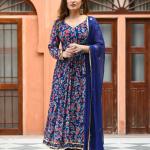Women's Blue Rayon Printed Long Gown Kurti Set with Pant & Dupatta