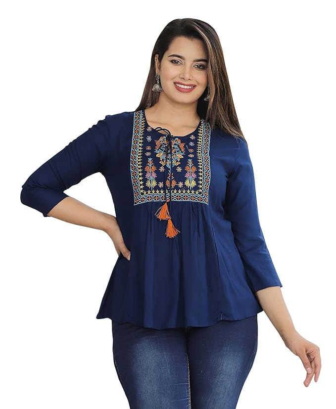Women’s Blue Embroidered Cotton Long Top – Sanganeri Print, 3/4 Sleeves