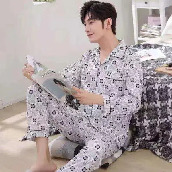 Men’s Light Grey Printed Cotton Night Suit Set – Shirt & Pyjama | Stylish Sleepwear & Loungewear