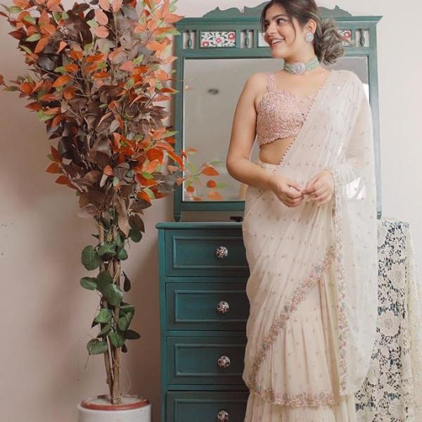 White Faux Georgette Saree with Multi-Thread Sequins Embroidery & Real Mirror Work | Bollywood Style Saree for Women