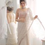 White Faux Georgette Saree with Multi-Thread Sequins Embroidery & Real Mirror Work | Bollywood Style Saree for Women