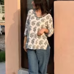 Women’s Pure Cotton White V-Neck Short Kurti with Blue Floral Print & Lace Detailing