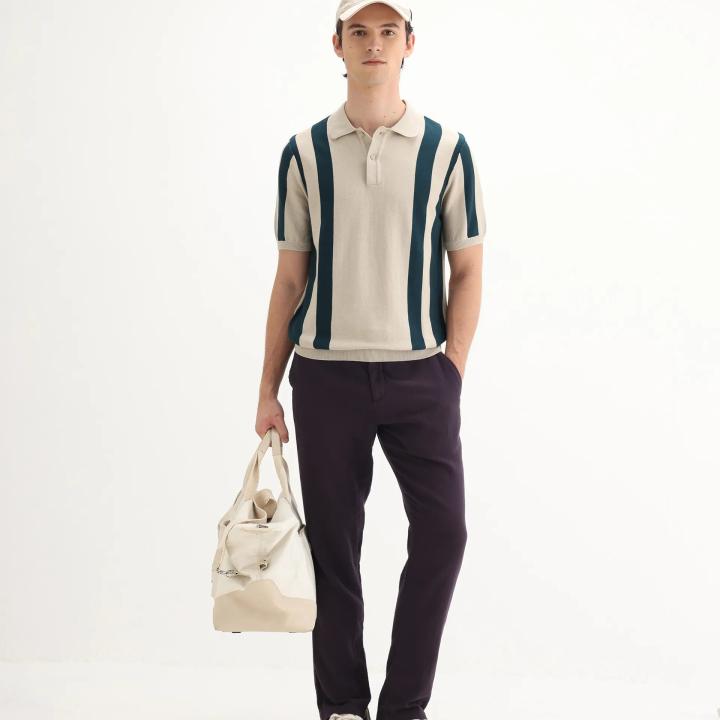 UrbanTraders Men’s Regular Fit Striped Polo T-Shirt – Light Beige Cotton Half-Sleeve Casual Polo