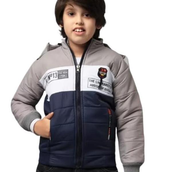 Boys Stylish Full Sleeve Winter Hoodie Jacket – Warm Pullover with Cap (Grey–Navy Blue)