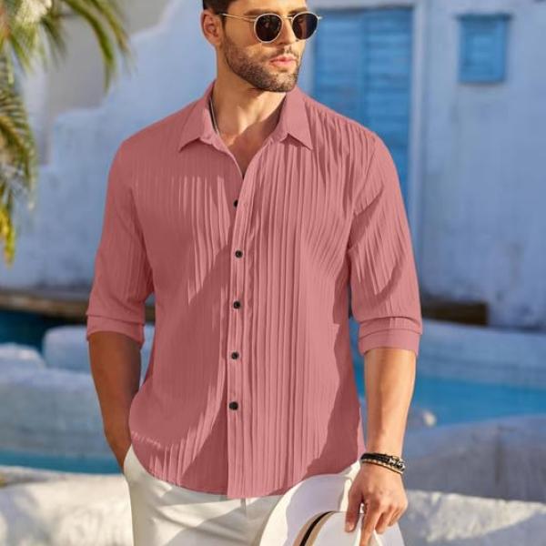 Men’s Casual Textured Cotton Button-Down Shirt – Long Sleeve Lightweight Popcorn Fabric Summer Shirt