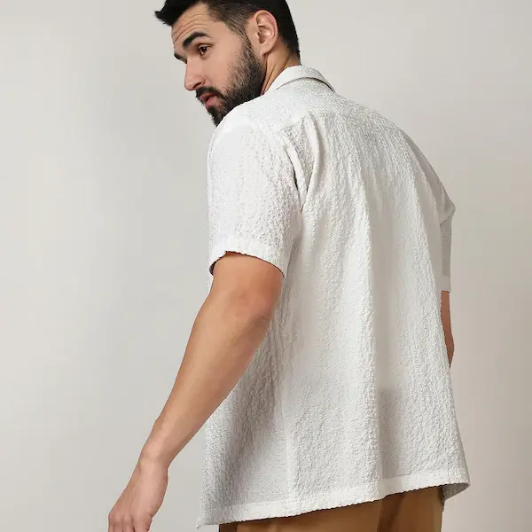 Men’s Chalk White Micro-Creased Casual Shirt – Lightweight & Comfortable | Full Sleeves