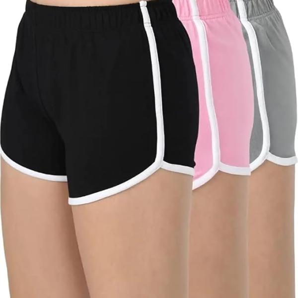 Women’s Cotton Blend Gym & Casual Shorts – Pack of 3 (Baby Pink, Black & Grey)