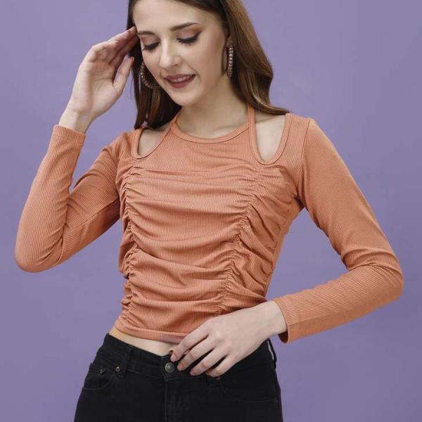 Casual Solid Women’s Orange Crop Top | Slim Fit | Stylish Half Sleeve Lycra Western Top | Round Neck