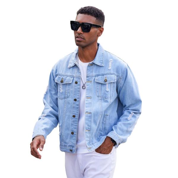 Men’s Casual Ripped Sports Denim Jacket – Slim Fit, Lightweight, Blue