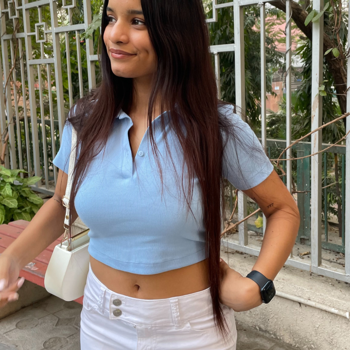 Women’s Powder Blue Crop Polo T-Shirt – Fitted Cotton Stretch Casual Tee